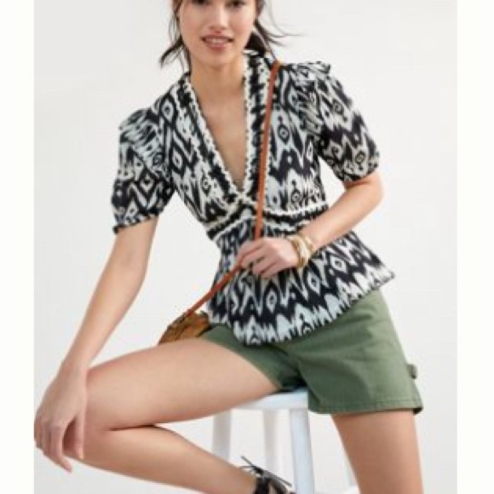 Anthropologie Black and White Puff Sleeve Peplum Blouse - GUC